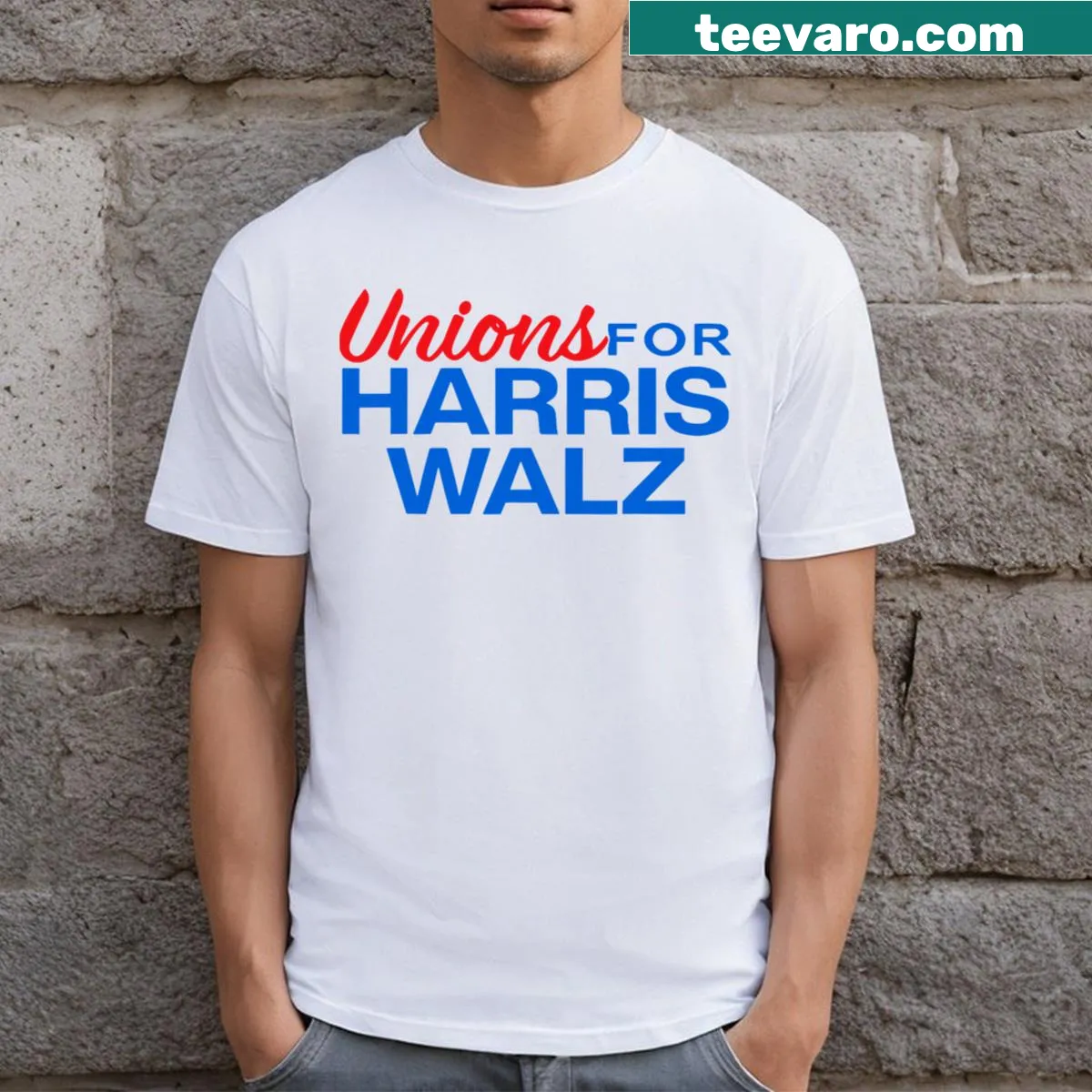 T-shirt promoting unions with a graphic for the Harris Waltz campaign — on a men's t-shirt