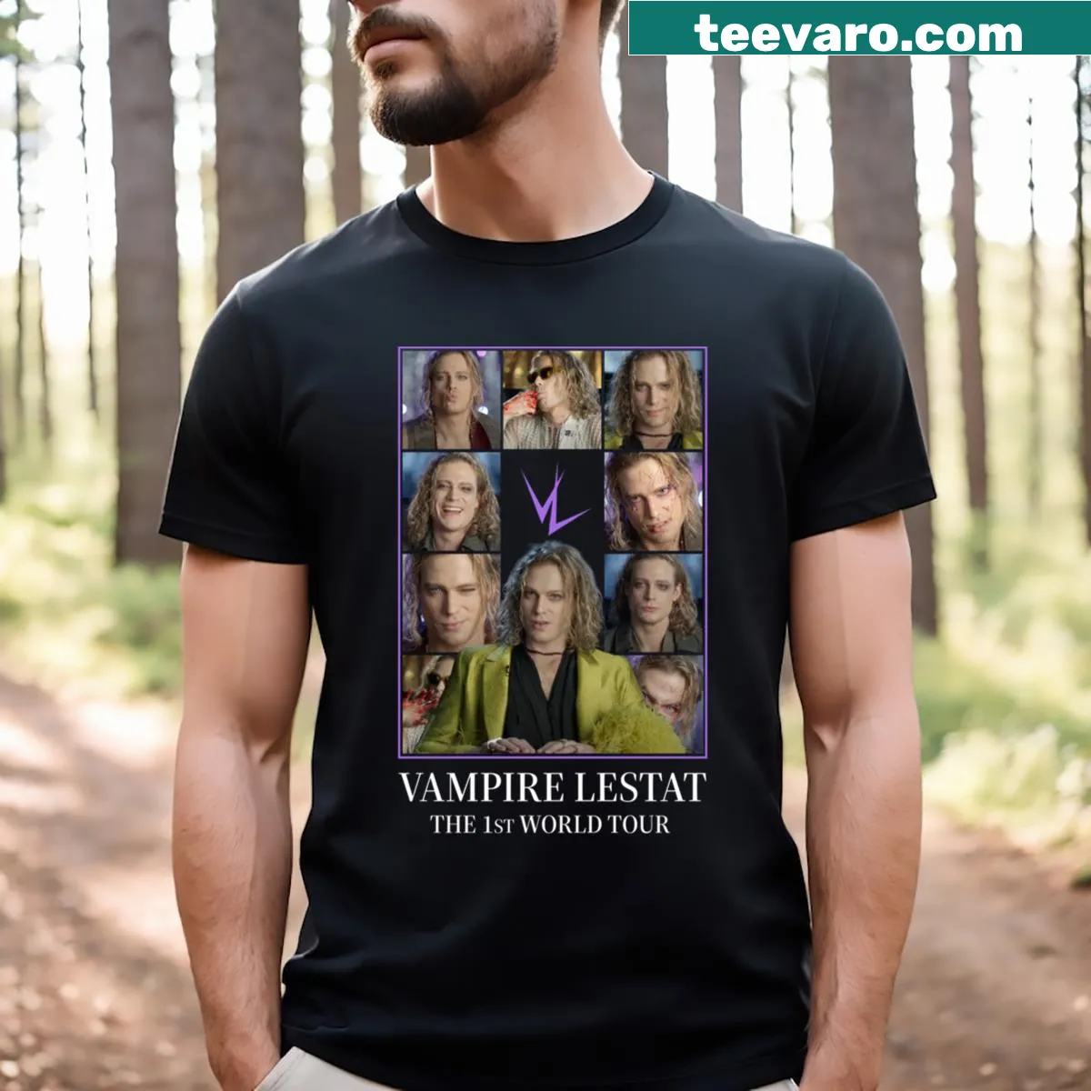 Concert poster graphic of Vampire Lestat on T-shirt. — on a men's t-shirt