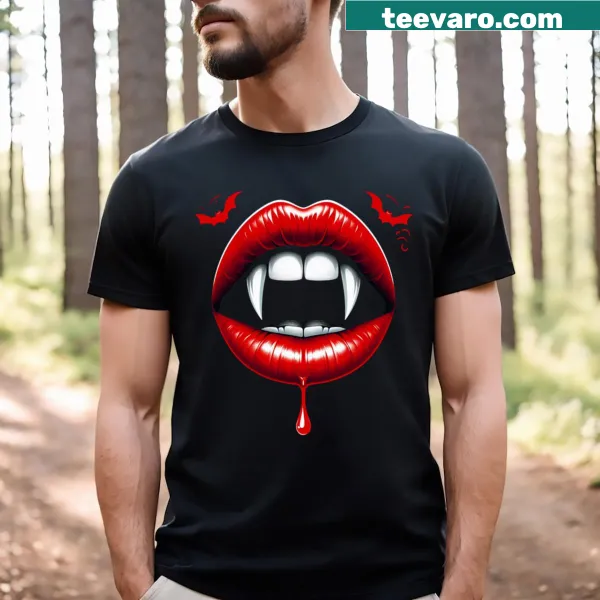 Graphic of vampire lips with blood drop and bats on T-shirt