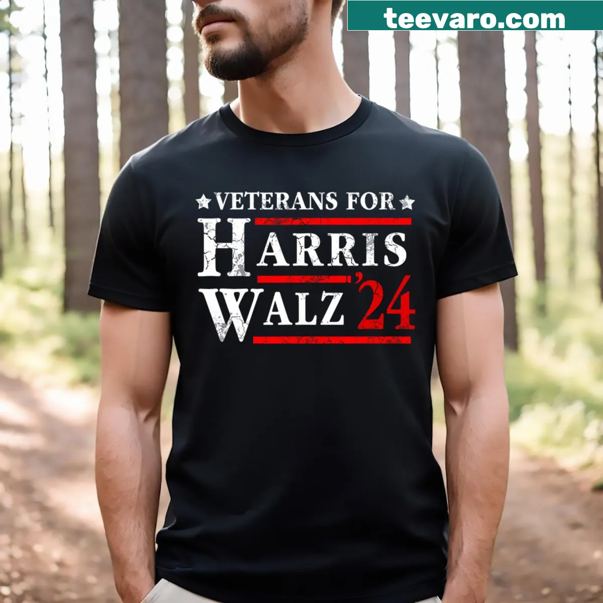 Typography design promoting Veterans for Harris Walz 2024 election — on a men's t-shirt