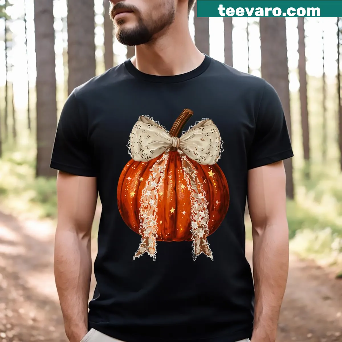 Vintage pumpkin design with bow for autumn-themed t-shirt — on a men's t-shirt
