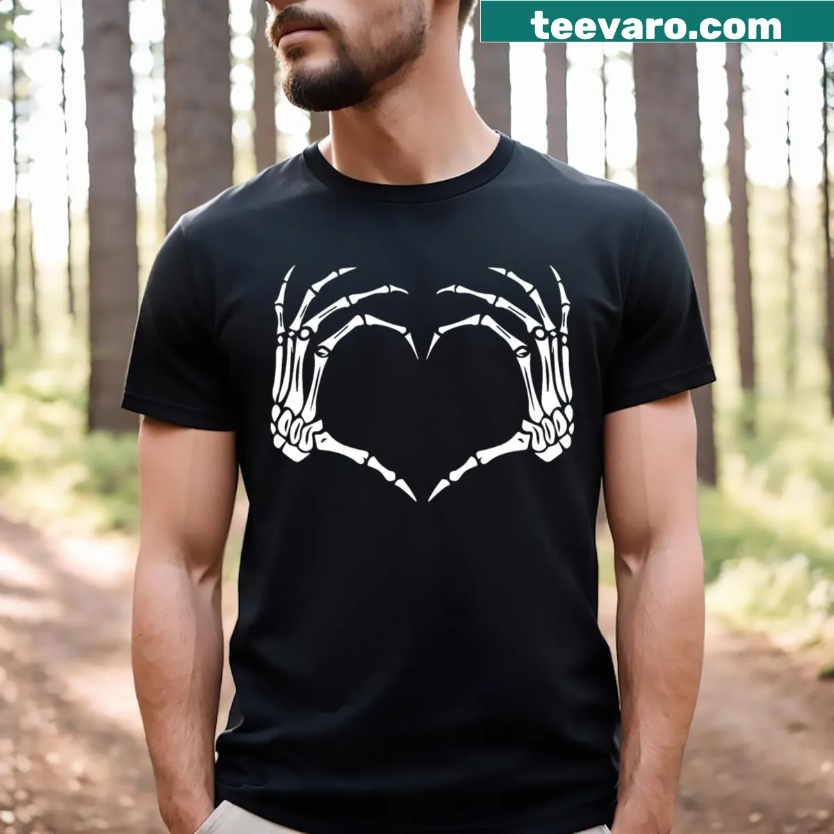 Vintage skeleton hands forming a heart for Halloween t-shirt — on a men's t-shirt