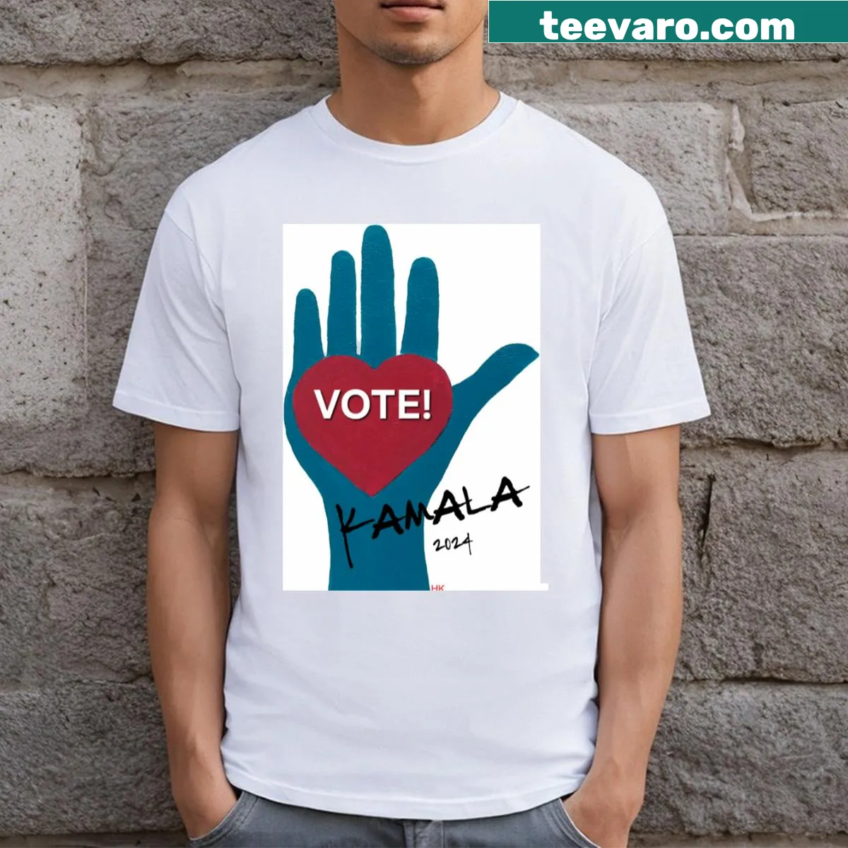 Typography promoting Vote For Kamala 2024 on t-shirt — on a men's t-shirt