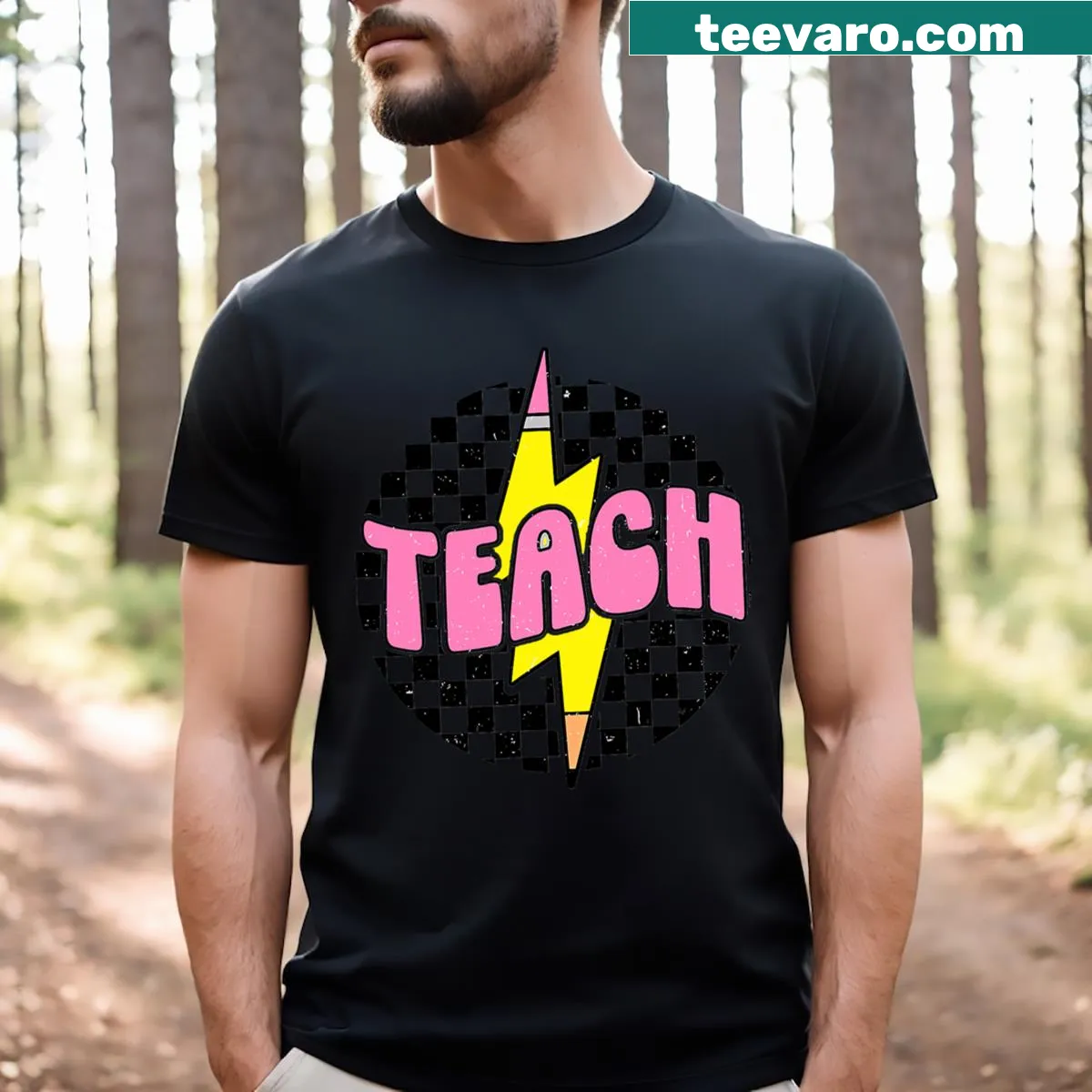 Back to school t-shirt with checkered pattern and pencils — on a men's t-shirt