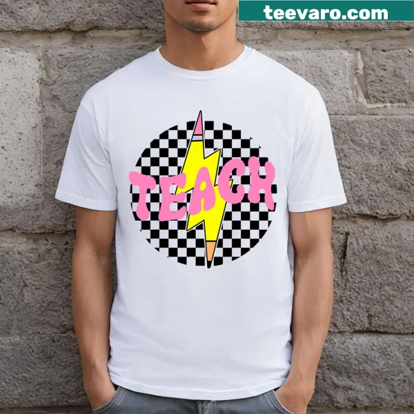 Illustrative checkered pencil and lightning bolt design on a T-shirt