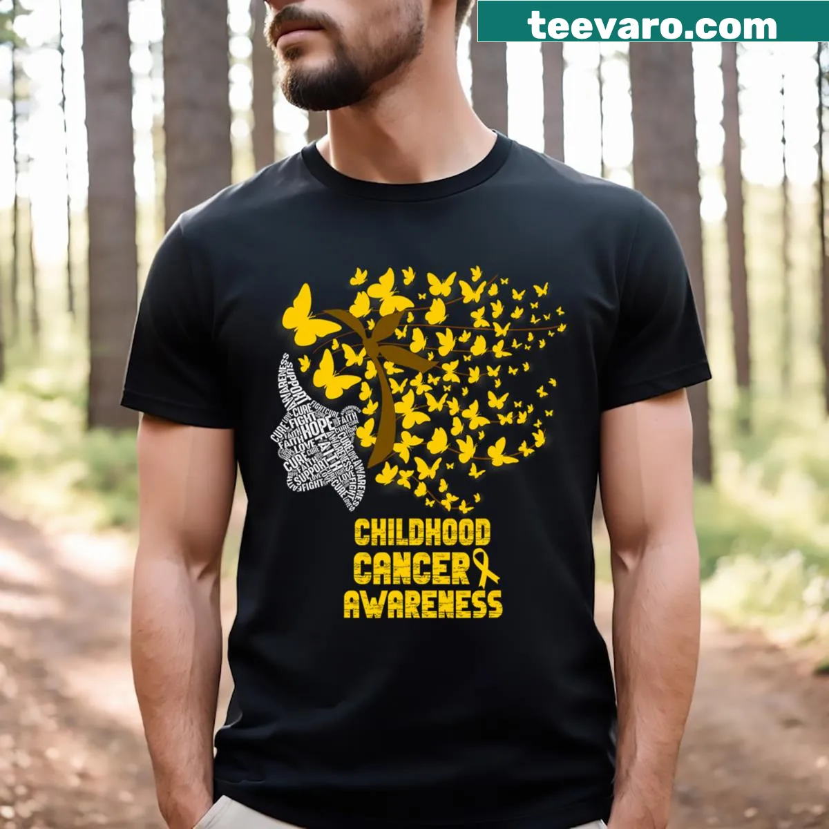 Childhood cancer awareness t-shirt with butterfly and gold ribbon — on a men's t-shirt