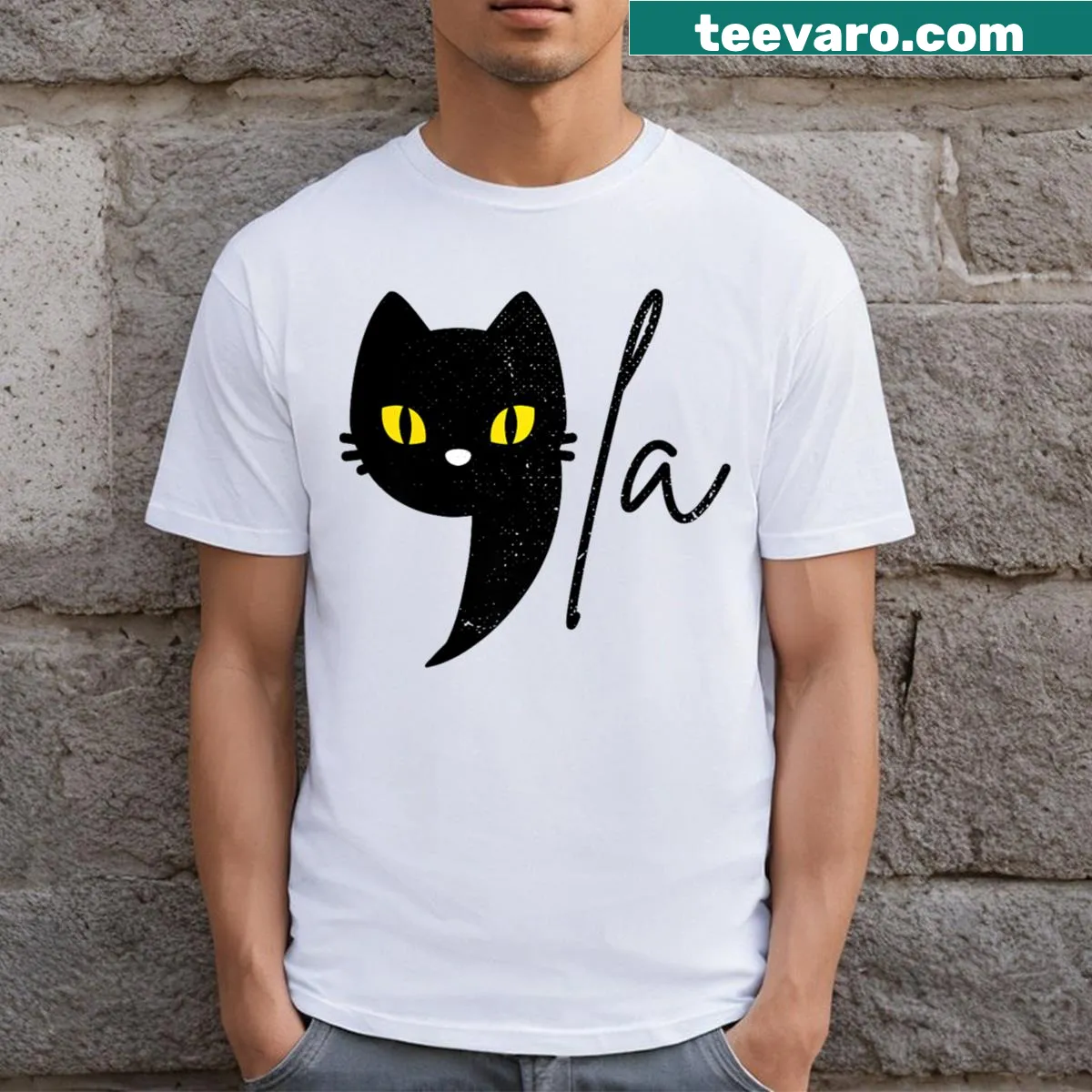 Distressed t-shirt with 'Comma La Cat Ladies For Kamala Harris' text — on a men's t-shirt