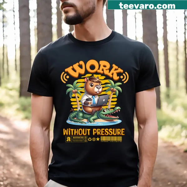 Capybara design t-shirt with 'Work Without Pressure' text