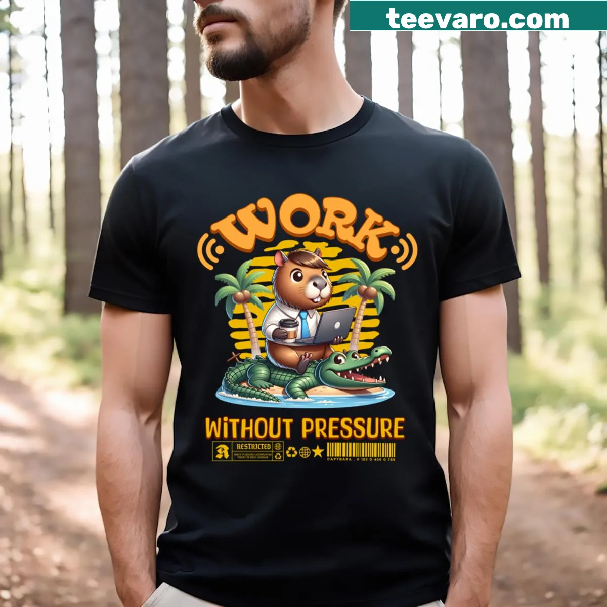 Capybara design t-shirt with 'Work Without Pressure' text — on a men's t-shirt
