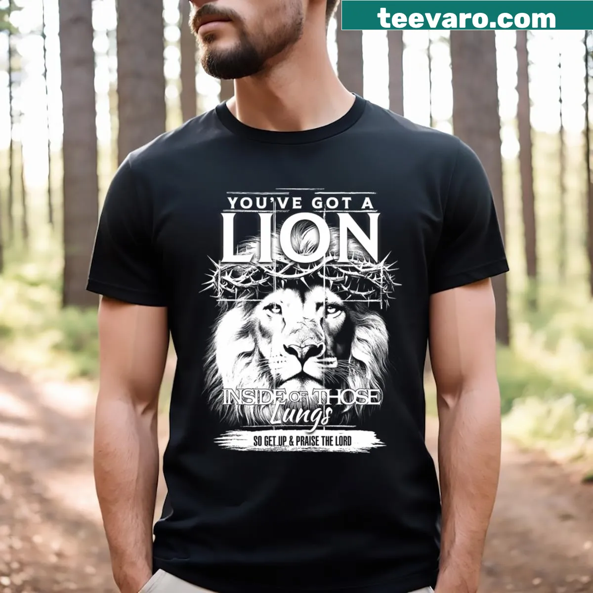 Inspirational text 'You've Got A Lion Inside Of Those Lungs' on a t-shirt — on a men's t-shirt