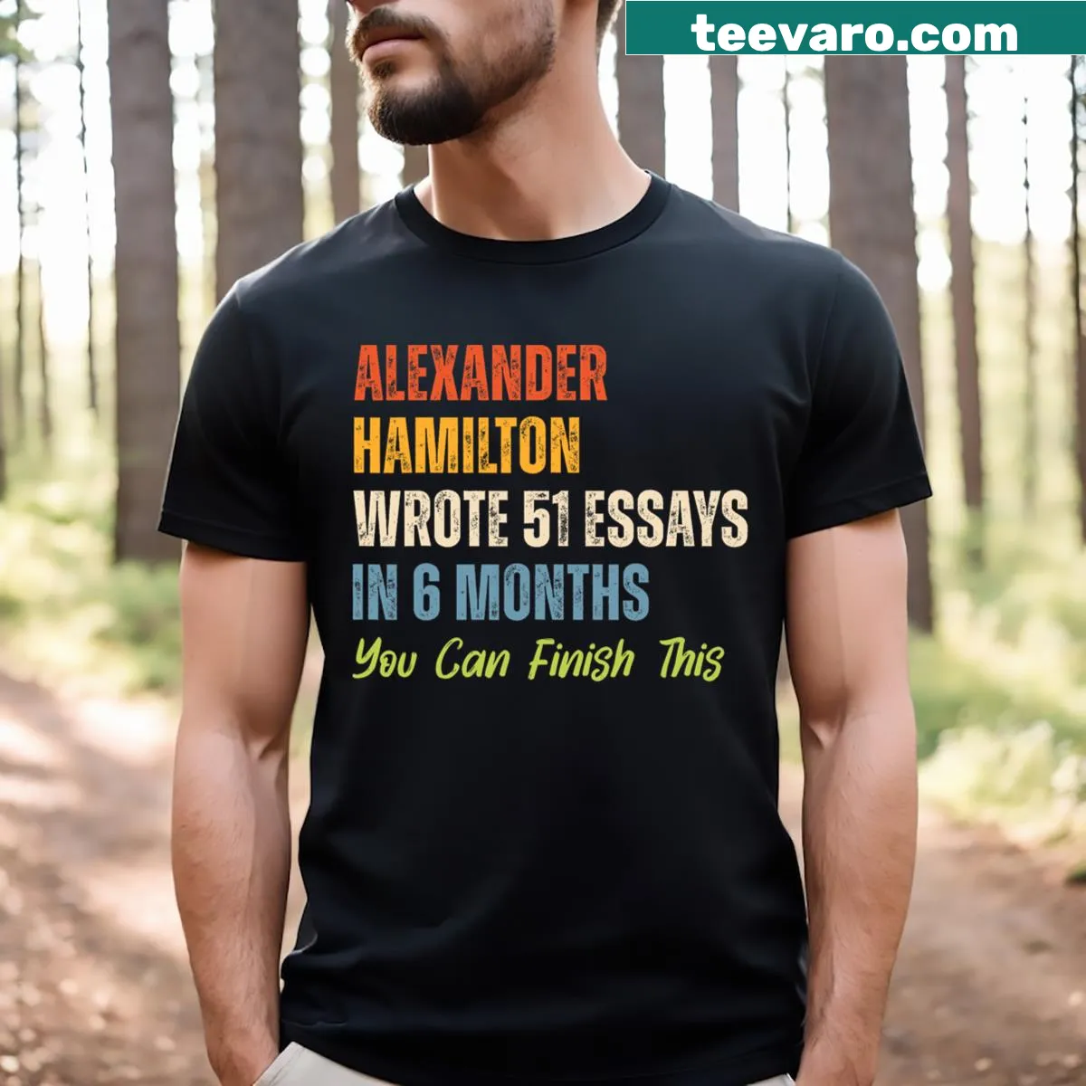 T-shirt with typographic design celebrating Alexander Hamilton's essays. — on a men's t-shirt