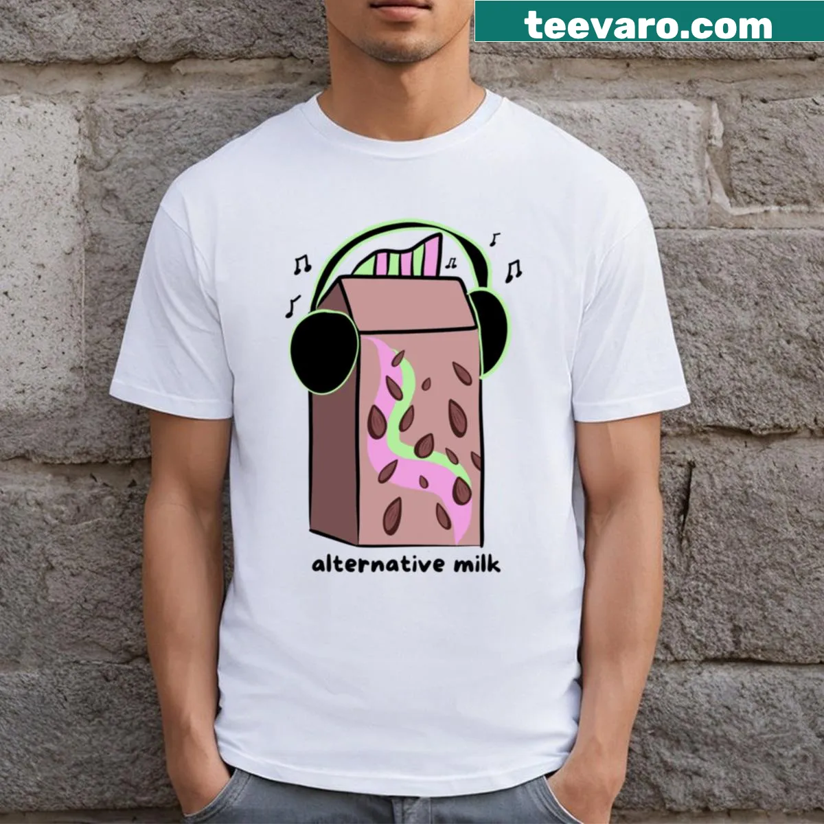 Illustrative T-shirt celebrating various types of alternative milk — on a men's t-shirt
