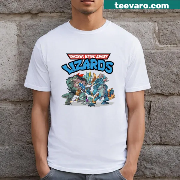 Illustrative T-shirt with Ancient Aztec lizards for Warhammer fans