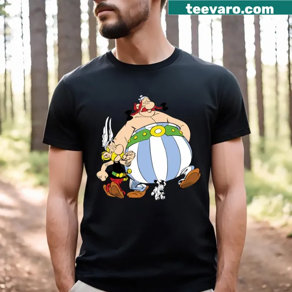 Cartoon design featuring Asterix and Obelix on a T-shirt
