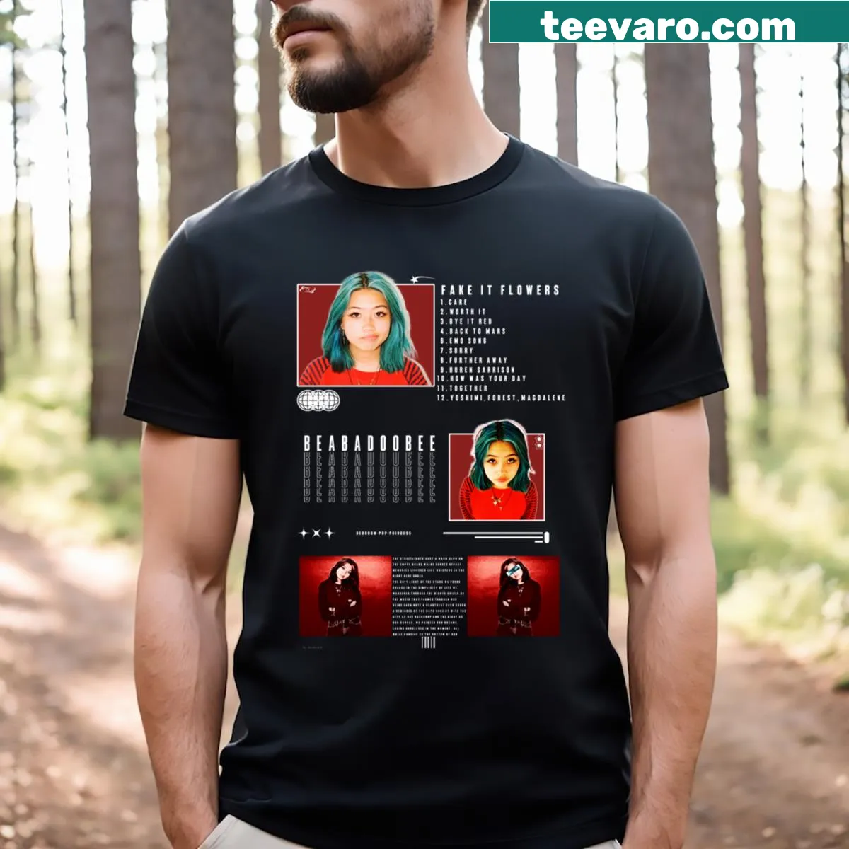 T-shirt featuring bold typography of Beabadoobee's name — on a men's t-shirt