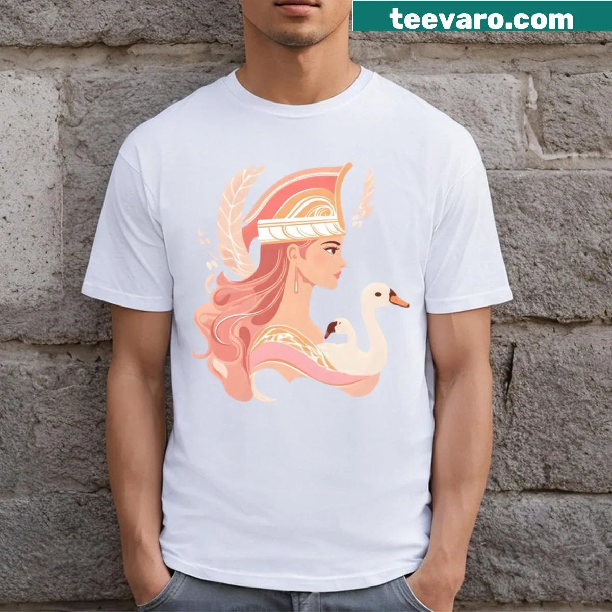 Illustrative t-shirt featuring Greek goddess with helmet design — on a men's t-shirt