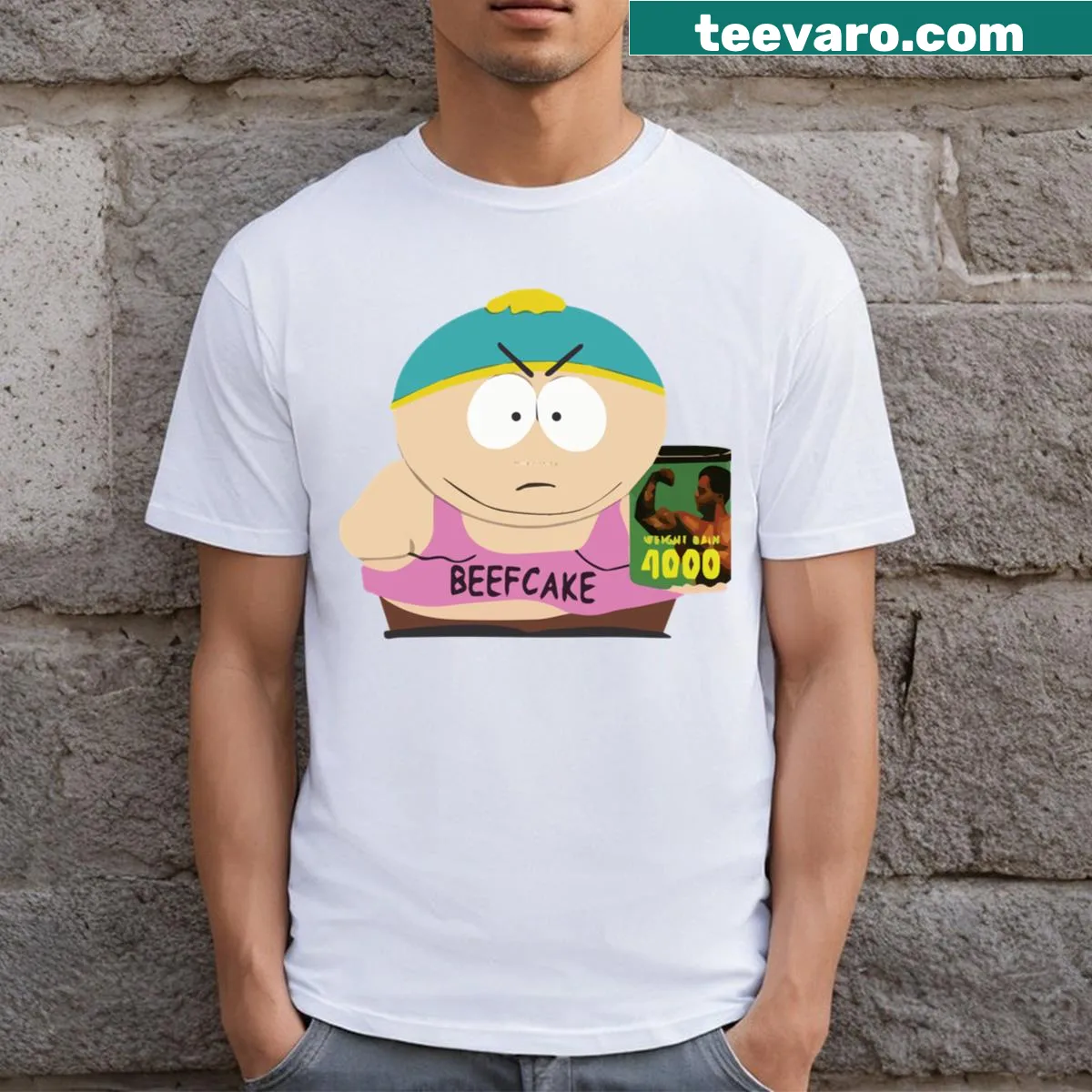 Cartoon graphic T-shirt featuring a humorous beefcake design — on a men's t-shirt