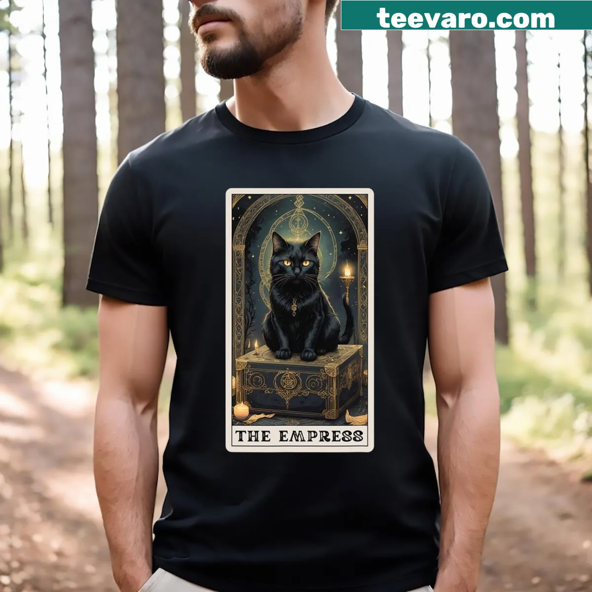 Black cat illustration with tarot card theme on T-shirt — on a men's t-shirt