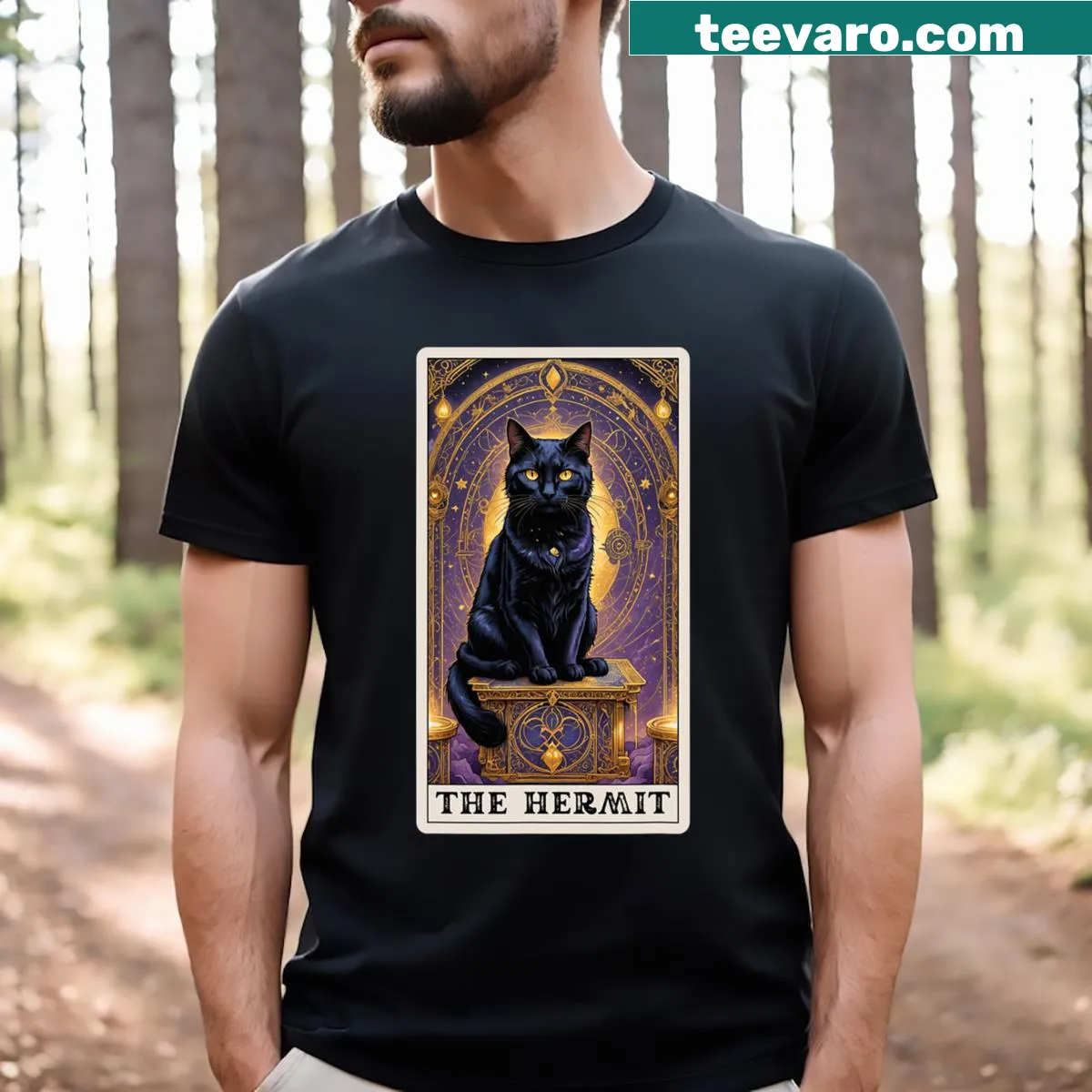 Tarot card-themed t-shirt featuring a black cat and Hermit design — on a men's t-shirt