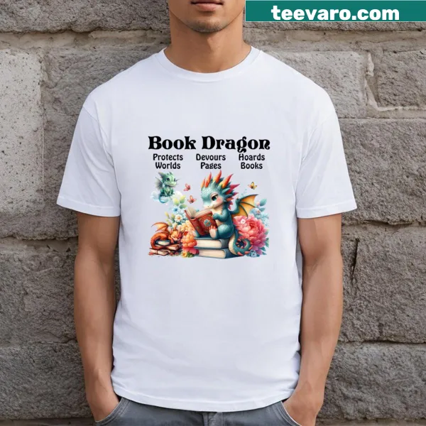 Whimsical illustration of a book dragon on a T-shirt