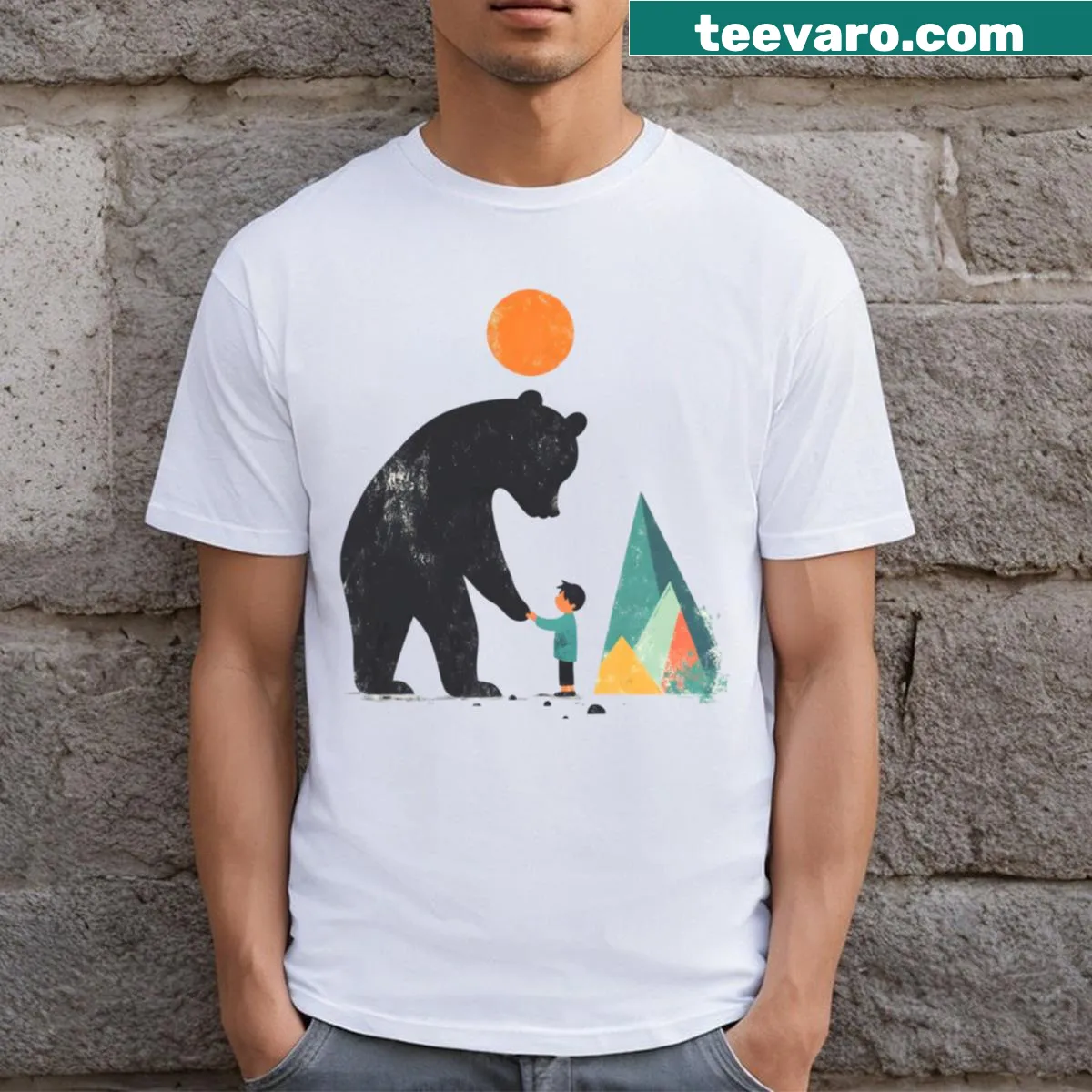 Illustration of a boy shaking hands with a bear on a T-shirt — on a men's t-shirt