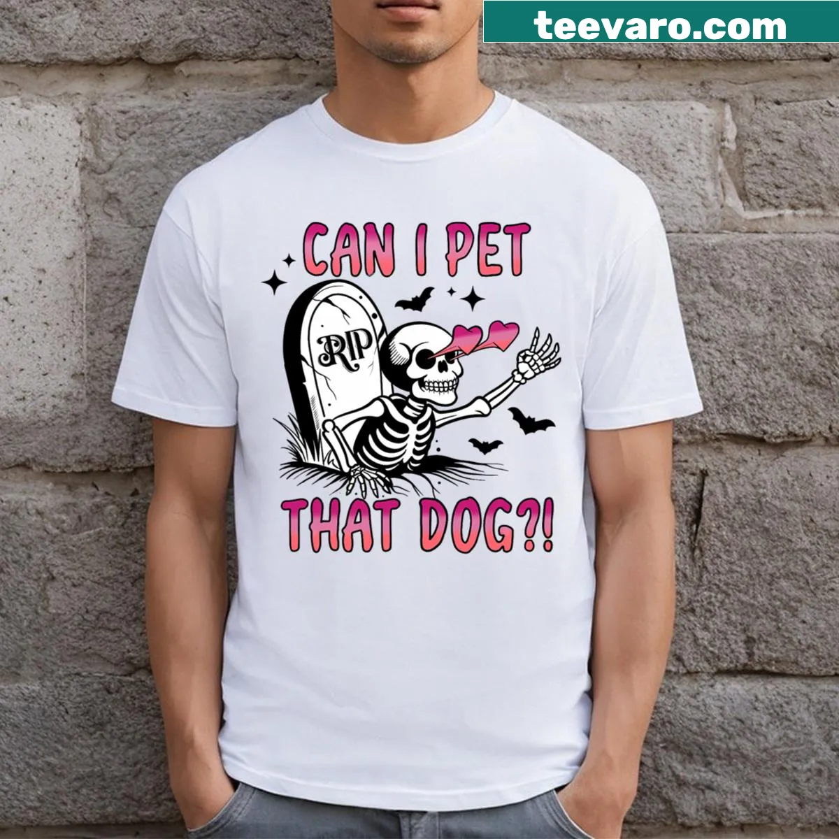 Funny skeleton reaching for a dog with the text 'Can I Pet That Dog' — on a men's t-shirt