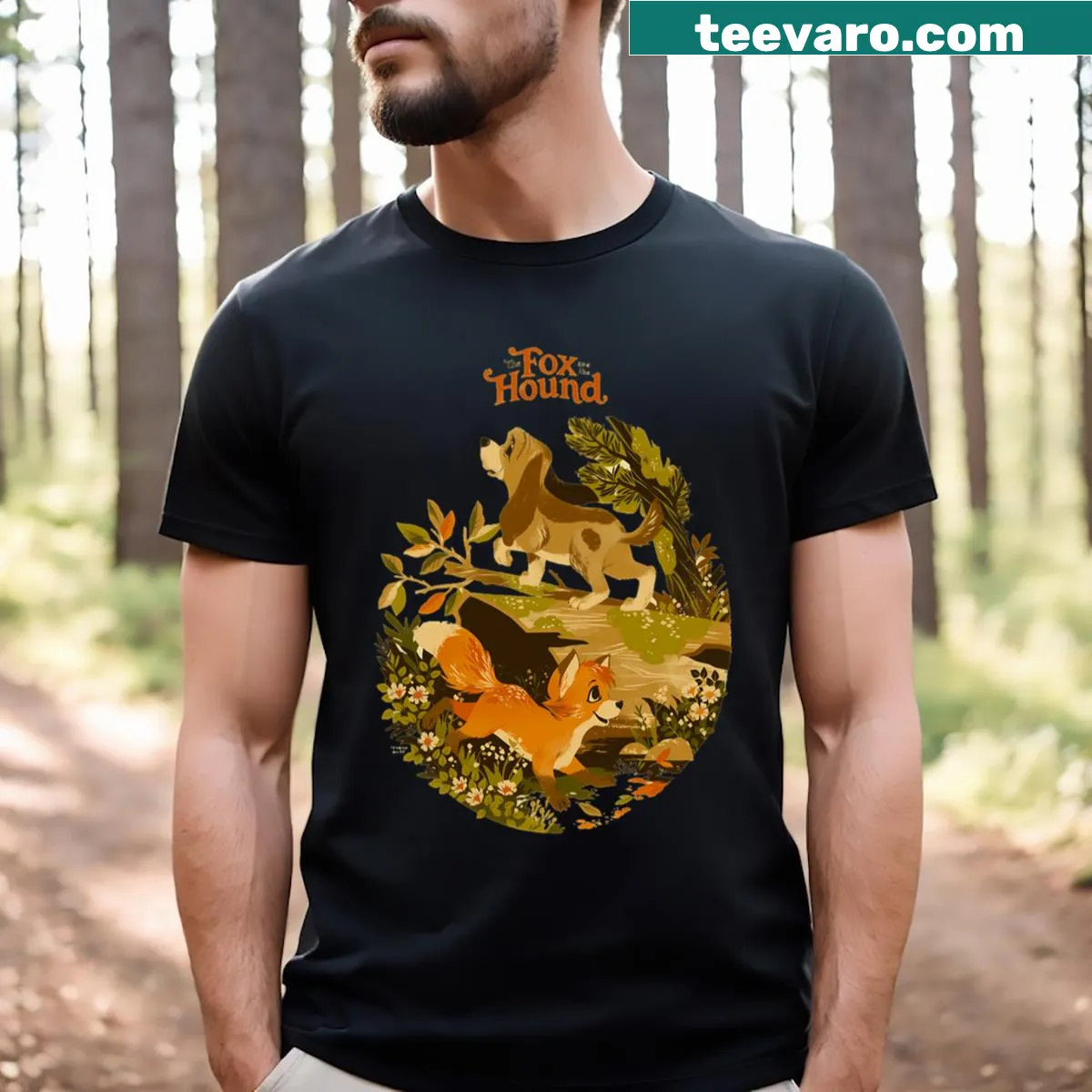 Cartoon fox and hound graphic T-shirt — on a men's t-shirt