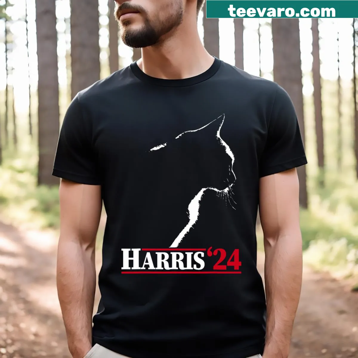 Humorous illustration featuring cats and Kamala Harris theme — on a men's t-shirt