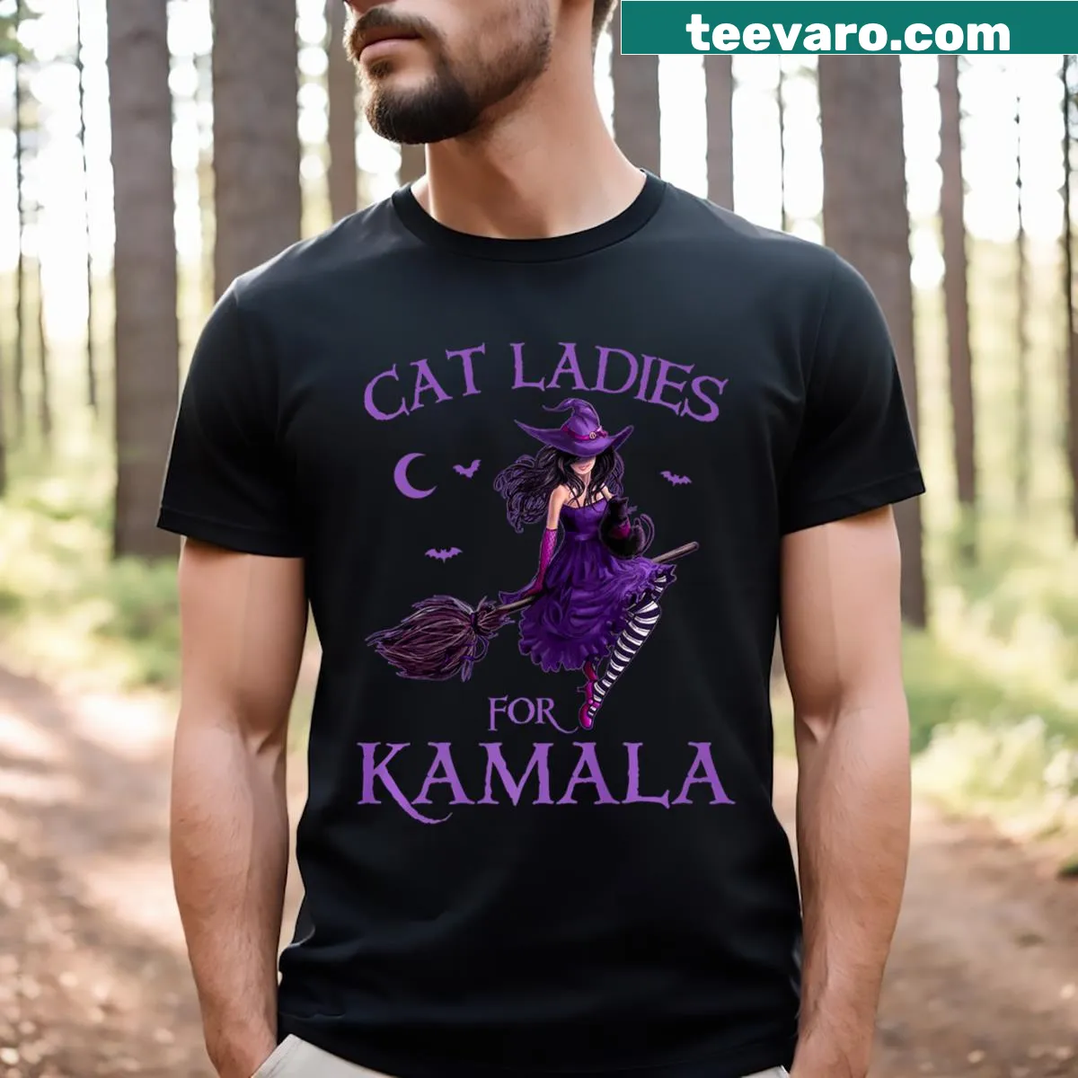 Halloween Cat Ladies For Kamala T-shirt featuring witch-themed graphics — on a men's t-shirt