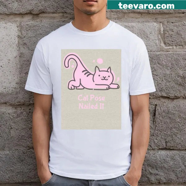Text and graphic of a cat pose on a T-shirt
