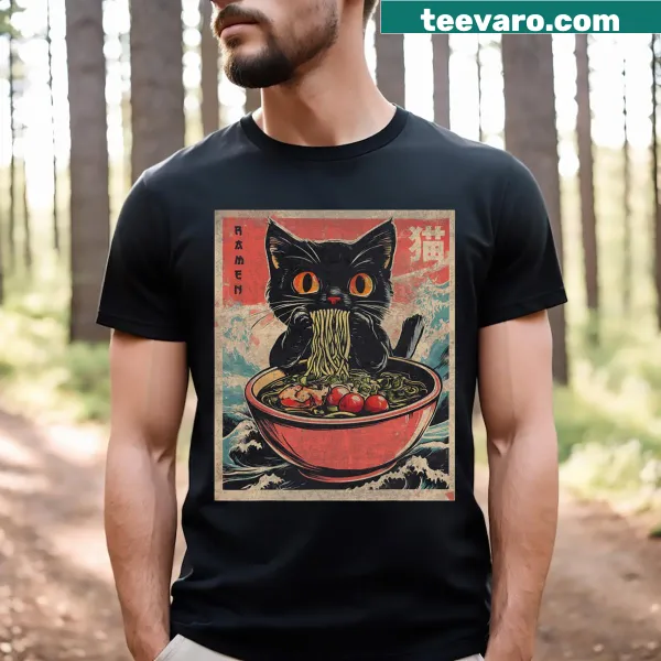 Kawaii Cat Ramen T-shirt featuring a cute cat graphic