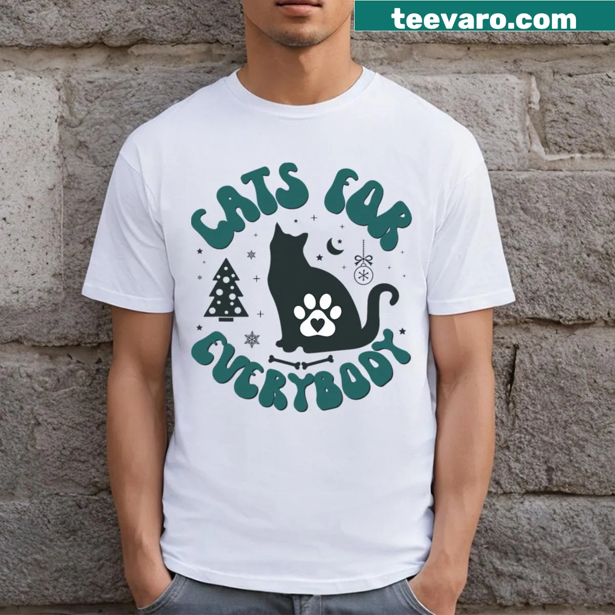 Ugly Christmas T-shirt featuring playful cat designs for everyone — on a men's t-shirt