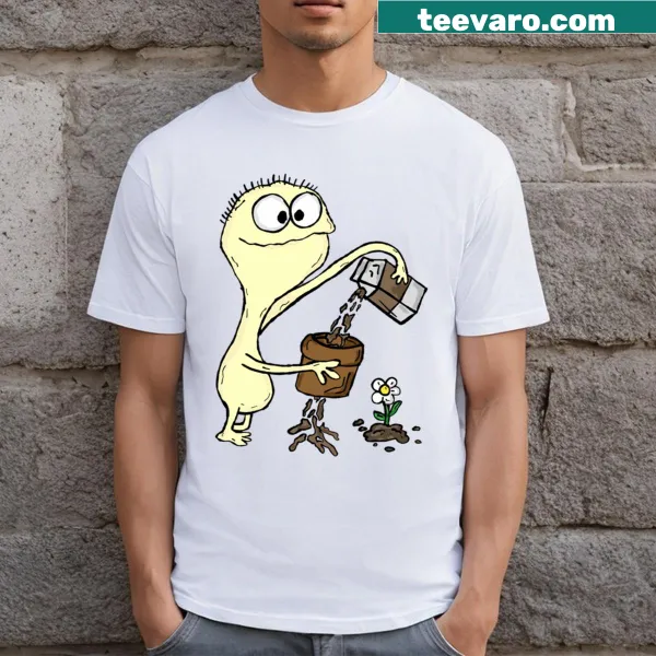 Illustration of a character spilling chocolate milk on a T-shirt