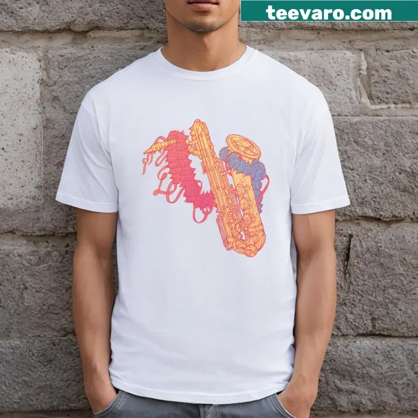 Illustration of a baritone saxophone with tinsel on a T-shirt