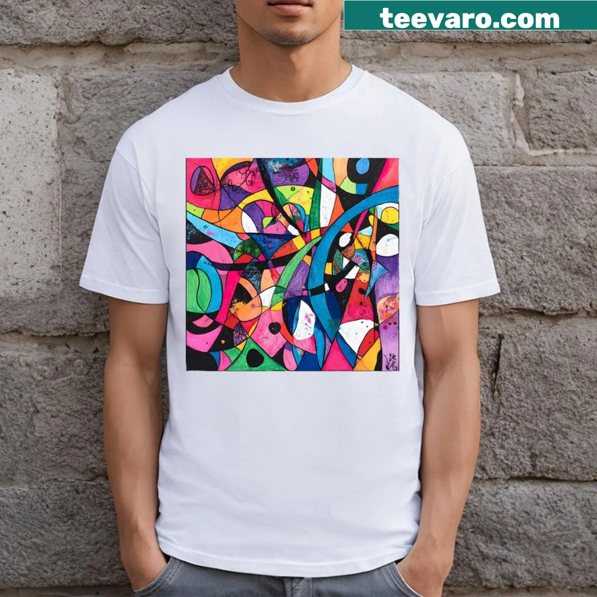 Abstract composition T-shirt featuring various shapes and lines — on a men's t-shirt