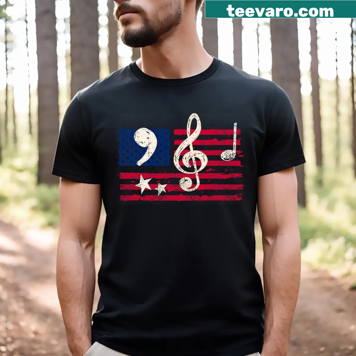 Music teacher T-shirt with Comma La and music notes for Kamala Harris — on a men's t-shirt