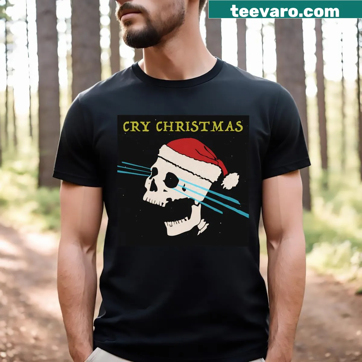 Whimsical Cry Christmas t-shirt for holiday celebrations — on a men's t-shirt