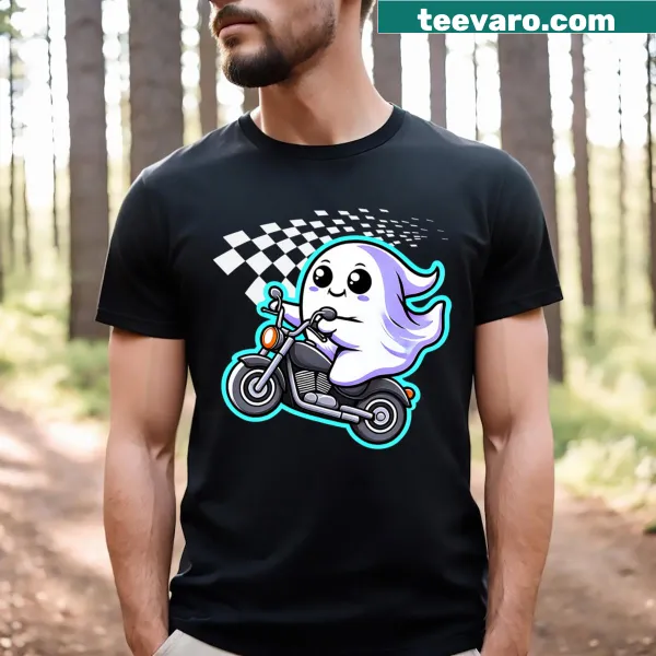 Cute ghost riding motorcycle graphic on a T-shirt