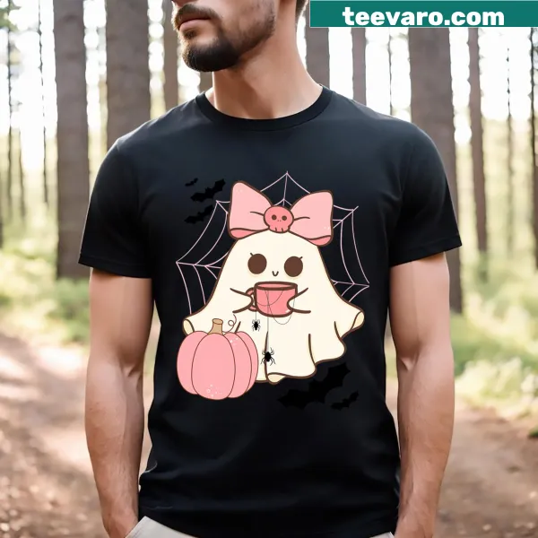 Cute ghost with pumpkin and bow illustration on T-shirt