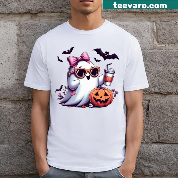 Adorable ghost design on Halloween-themed T-shirt
