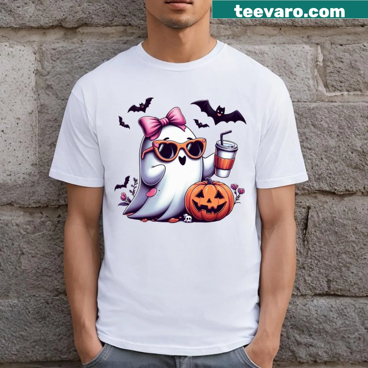 Adorable ghost design on Halloween-themed T-shirt — on a men's t-shirt