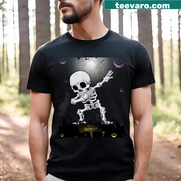 Skeleton dabbing with skull and rib cage illustrated on a t-shirt