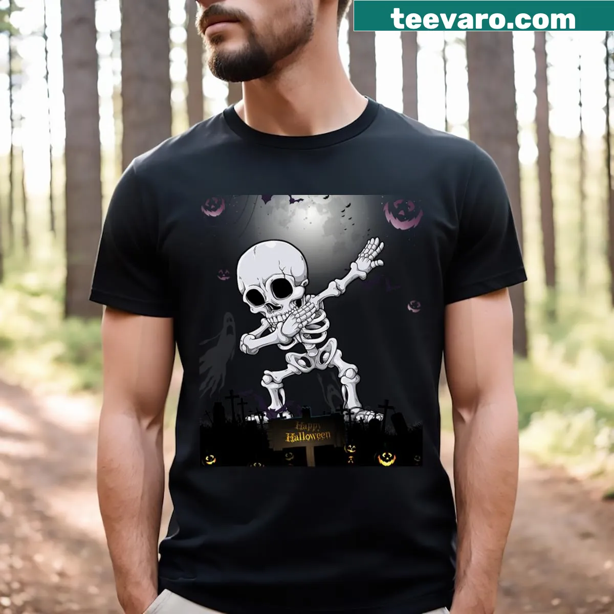 Skeleton dabbing with skull and rib cage illustrated on a t-shirt — on a men's t-shirt