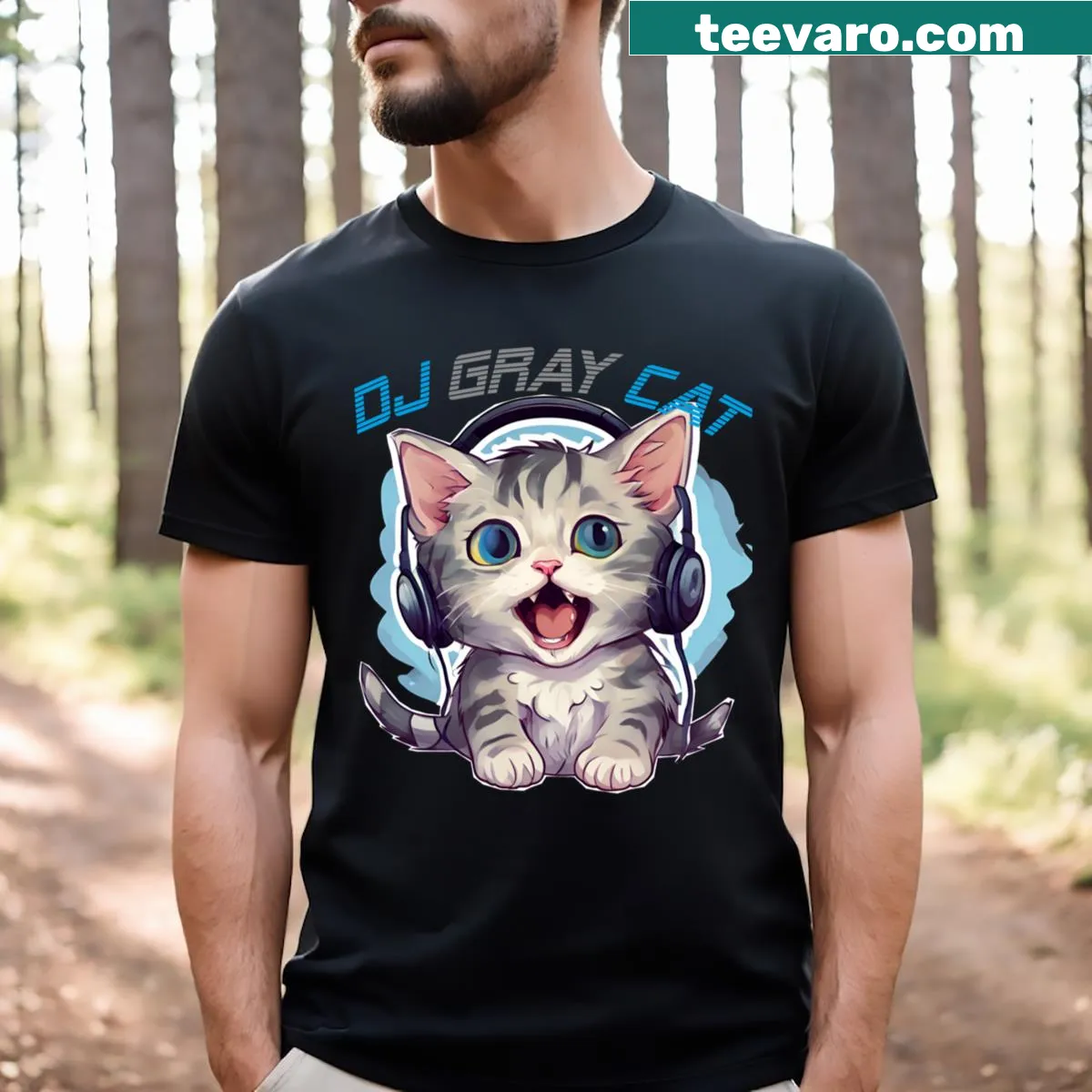 Graphic T-shirt of a gray cat wearing headphones as a DJ. — on a men's t-shirt