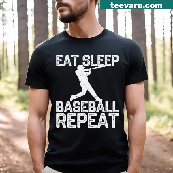 Vintage baseball-themed t-shirt with eat, sleep, repeat design