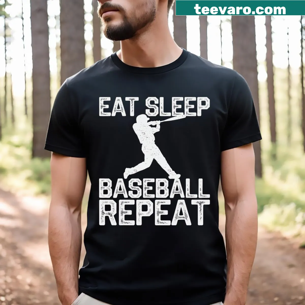 Vintage baseball-themed t-shirt with eat, sleep, repeat design — on a men's t-shirt