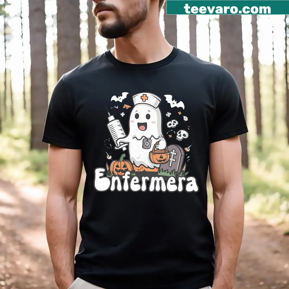 Halloween-themed nurse t-shirt with ghost and pumpkin design — on a men's t-shirt