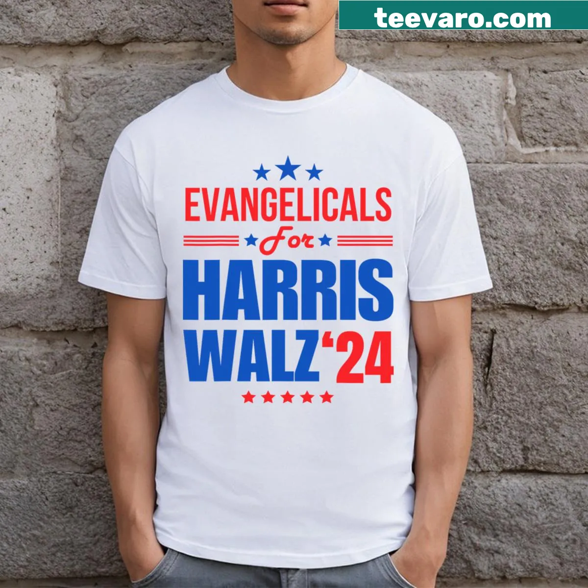 Supportive text for Harris Walz 2024 on a T-shirt — on a men's t-shirt