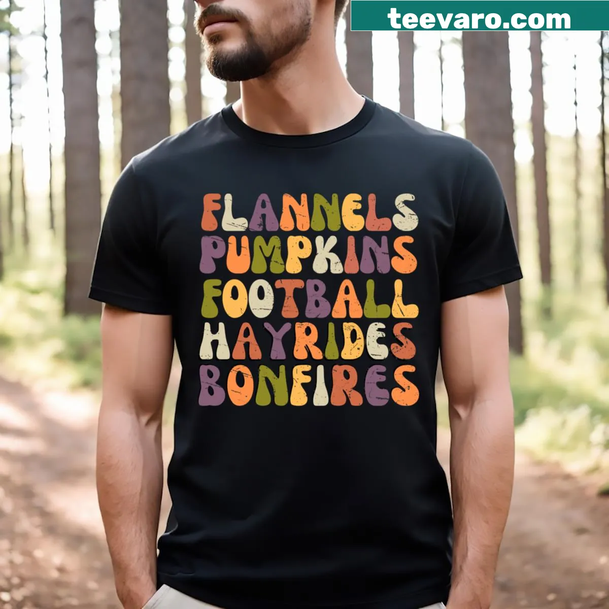 Fall-themed T-shirt with pumpkins, flannels, and autumn activities — on a men's t-shirt
