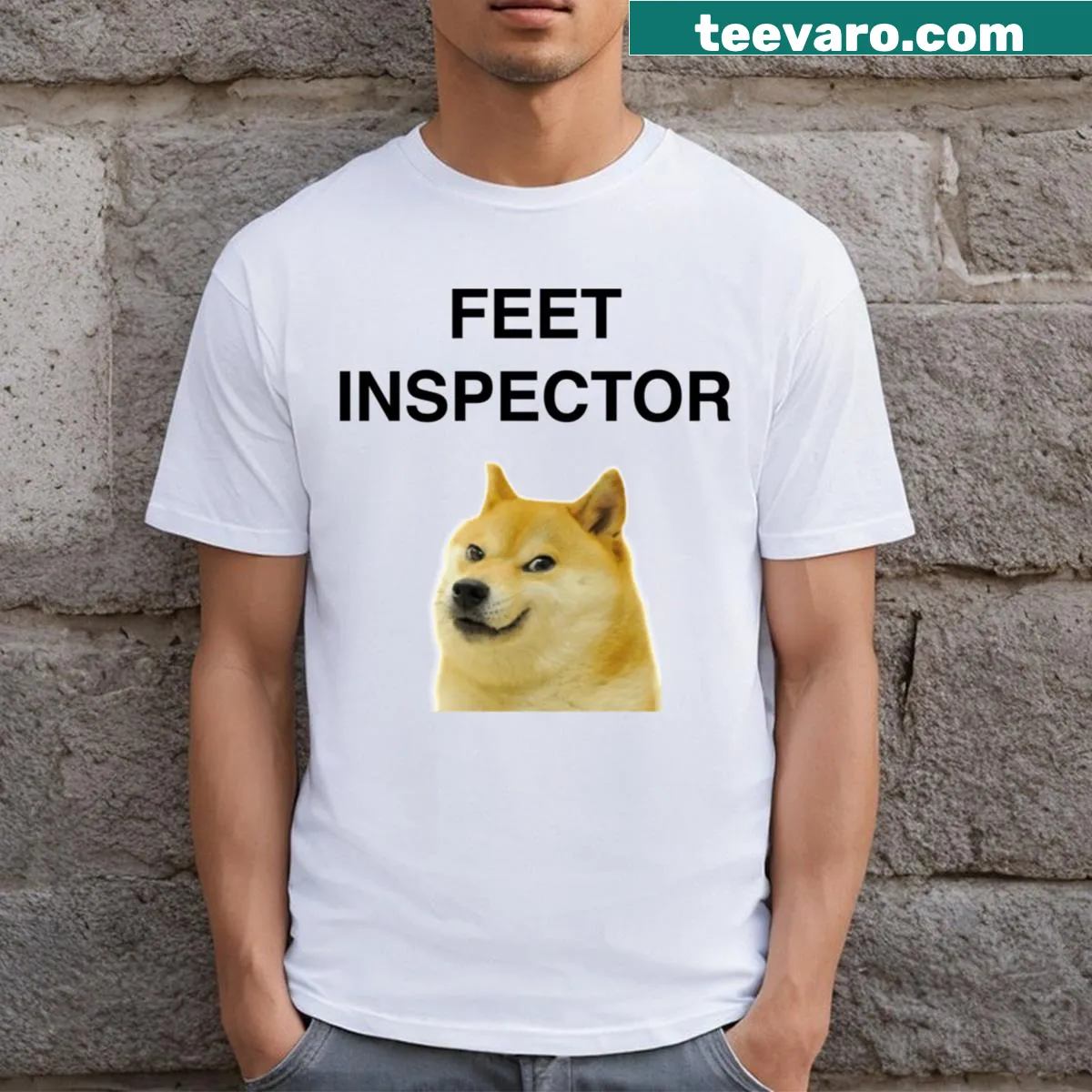 Cartoon Feet Inspector Doge T-shirt with whimsical dog graphic. — on a men's t-shirt